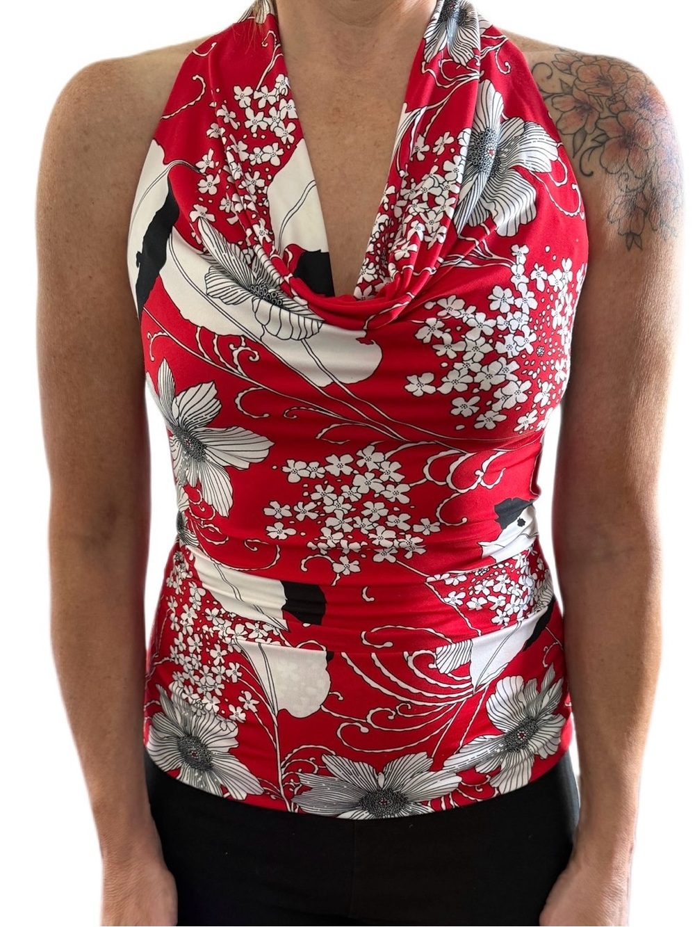 Vintage 2009 Luxury Floral Cowl Halter Top Red Black White Jersey
